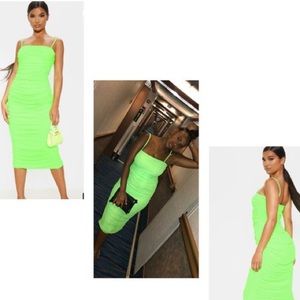 Neon Lime Strappy Mesh Ruched Midaxi Dress